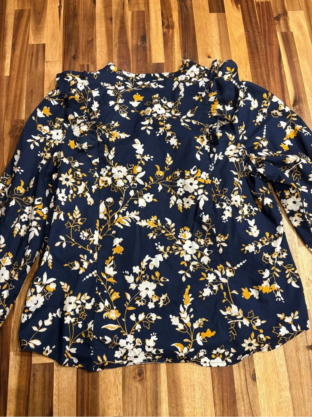 J. Crew Navy Floral Ruffle-Trim Blouse